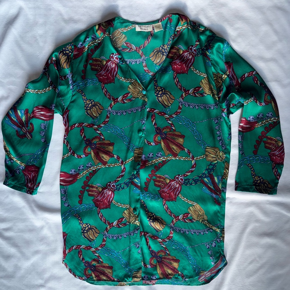 Vintage Victoria’s Secret Silk Pajama Top Green Scarf Print P/S